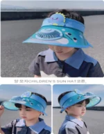 Summer children's sunshade hat, sun protection hat with fan, USB charging, empty top hat, cartoon dinosaur - Image 3