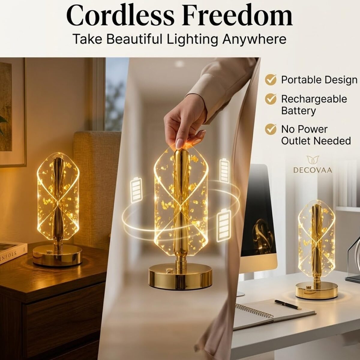 Luxury Golden Crystal Table Lamp  Touch Control Rechargeable LED Night Lamp  Decorative Bedside Lamp - Image 4